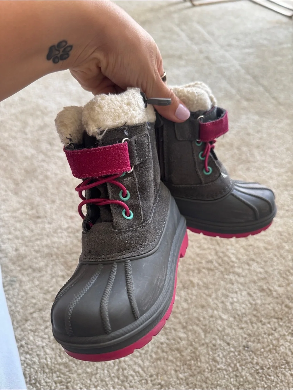 Cat & Jack Gray Kids Snow Boots with Pink and Teal Accents